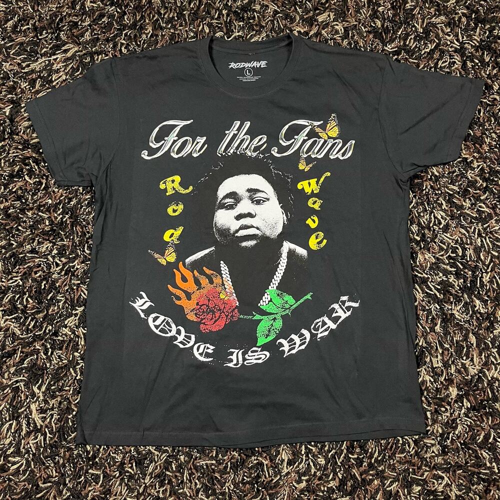 Rod Wave For The Fans Love is War Black Tee T Shirt Mens Sz L New